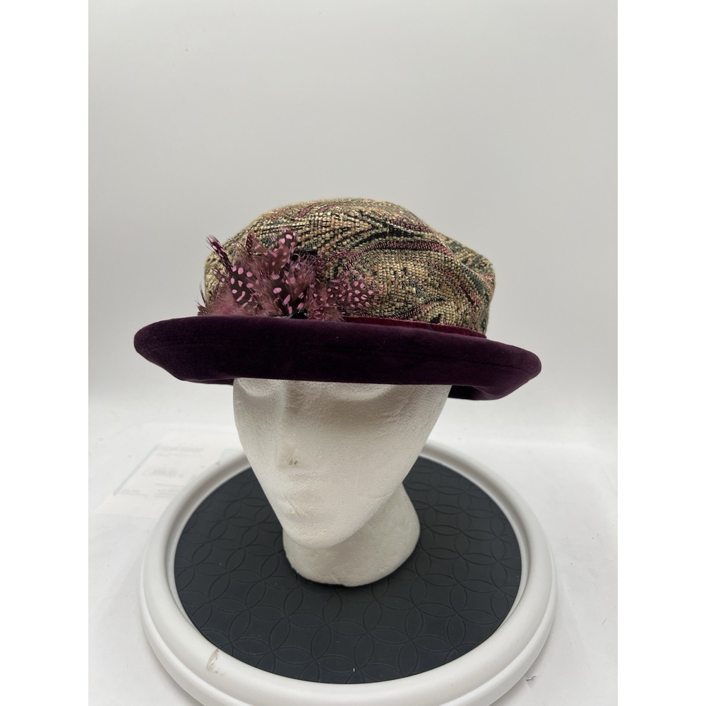 Proppa Toppa England Tapestry Velvet Boned Brim Hat Feather Jewel Purple